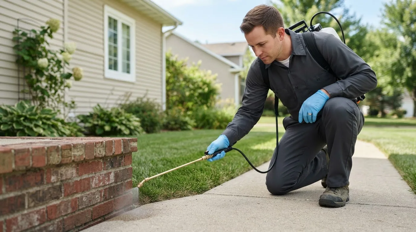 Pest control technician treating a home near Exira, IA