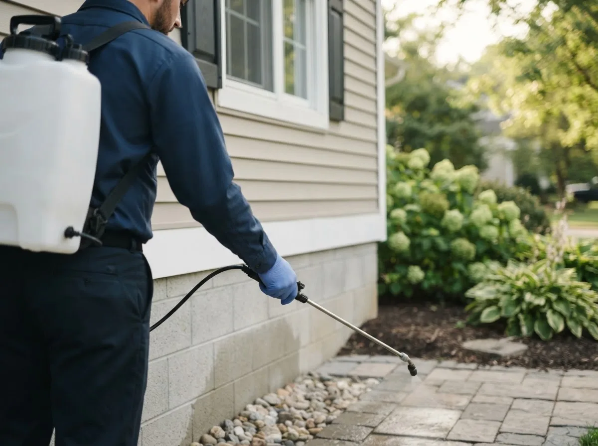 Pest control technician inspecting a home in Exira, IA